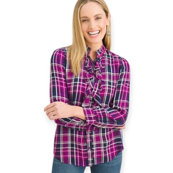 Chico's Purple Navy Ruffled Plaid Button Down Blouse Size 2 - Large Womens - Picture 1 of 11